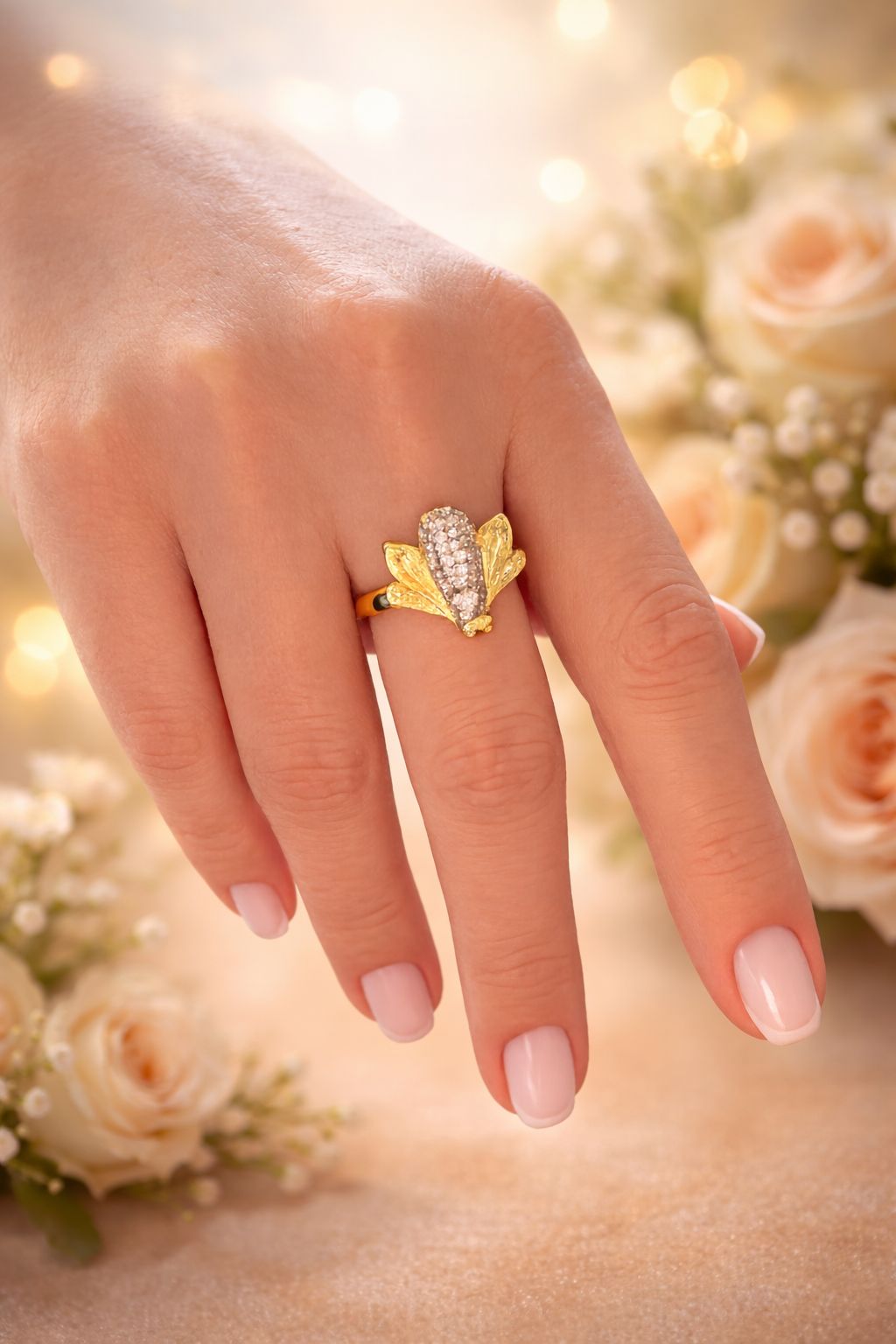 Arı Figürlü Gold Zirkon Taşlı Yüzük