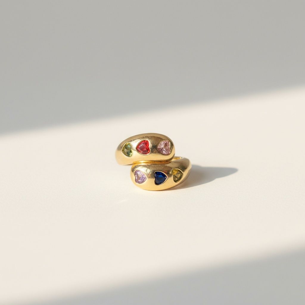 Renkli Taş Detaylı Modern Gold Yüzük